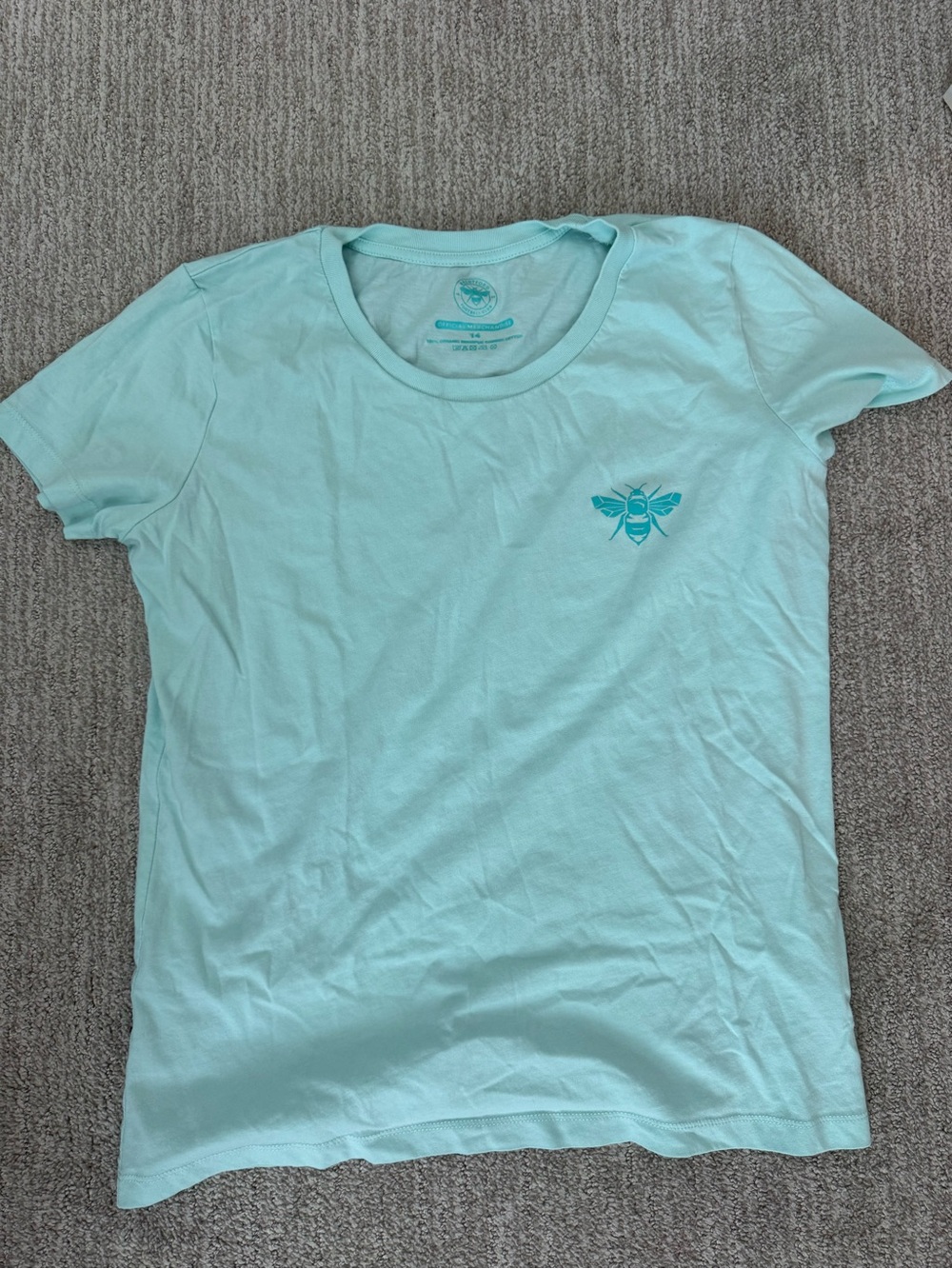 Universal Aqua Crew Neck Short Sleeve Tee with Bee Patch
